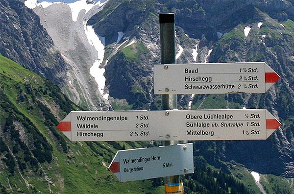 Weggabelung unterhalb Walmendinger Horn Schilder